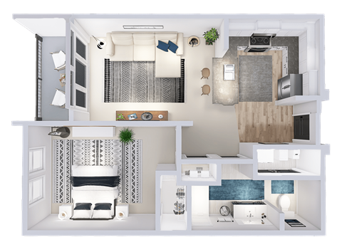 Floor plan for 1 bed, 1 bath, 734 sqft